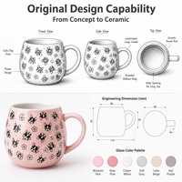 Mug Kopi Keramik Pink Grosir dengan Cetakan Bunga Anjing Lucu, Perlengkapan Minum Porselen 11oz, Cangkir Hadiah untuk Wanita, Rumah, Kantor, Logo Custom
