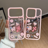 Coque de téléphone DIY en résine 3D pour iPhone 15 16 13 17 Pro Max, motif chat rose mignon, croix, fraise, nœud, chaîne argentée, antichoc