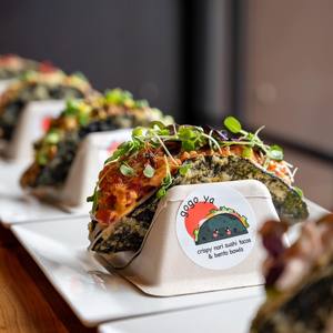 Custom New Trendy to Go Takeout Sushi Taco Holder Stand Eco Compostable Sugarcane Paper Food Box Biodegradable Takeaway Tray - Product Image 1
