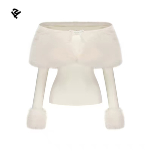 Ensemble deux pièces en tricot à épaules dénudées pour femmes, avec nœud en fausse fourrure, haut court à manches longues et mini-<span class=keywords><strong>jupe</strong></span> moulante, blanc ivoire, tenues de soirée sexy - Product Image 4