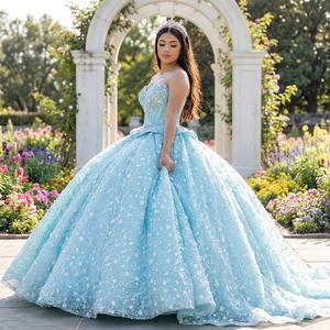 Robe de bal de Quinceañera bleu aqua Dy8567 avec appliques florales blanches, en tulle scintillant, style princesse, taille structurée, longue traîne Jancember - Product Image 1