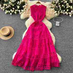 Vestido Maxi Casual de Verano con Cuello Redondo para Mujer, Sin Mangas, Estilo Imperio, Tejido, Línea A, Bordado, Encaje Hueco, Transpirable y Ecológico - Product Image 1