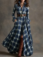 Robe longue à manches longues pour femme, nouvelle collection, avec ceinture, motif écossais, style chemise maxi