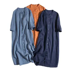 French linen V neck seven point sleeve robes T shirt dress pure linen long dress
