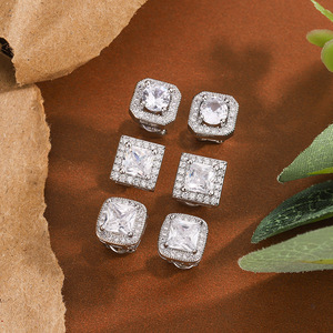 Pendientes Clásicos Cuadrados y Redondos con Circonita para Mujer, Pendientes de Halo Chapados <span class=keywords><strong>en</strong></span> Platino y <span class=keywords><strong>Latón</strong></span>, <span class=keywords><strong>Joyería</strong></span> de Moda para Bodas y Fiestas - Product Image 2