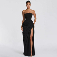 Robe longue asymétrique plissée unie sans bretelles pour femme, sans manches, cintrée à la taille, fendue, pour soirée de célébrités