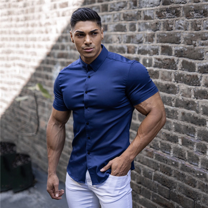 Camicia da Uomo Blu a Vestibilità Sportiva Elasticizzata Senza Pieghe con Bottoni