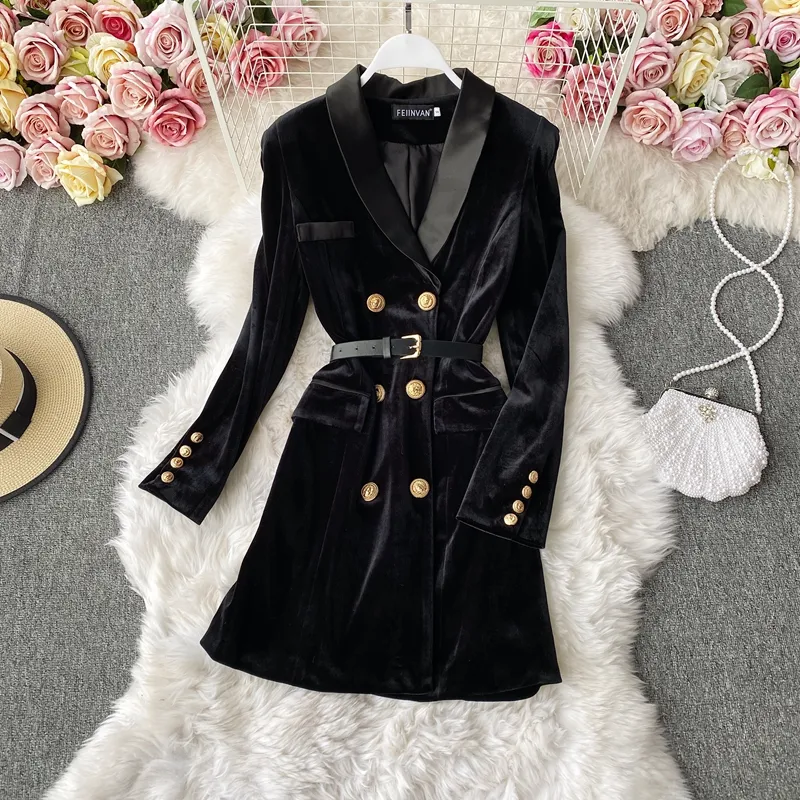 Vintage Women Velvet Lapel Overcoat Double Breasted Windbreaker Lady Mid Length Coat