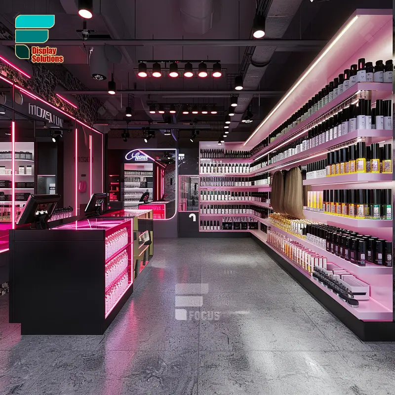 New Decoration Cosmetic Wall Display Racks Perfume Display Showcase Wig Wall Displays Pink Beauty Shop Cabinets With Lighting