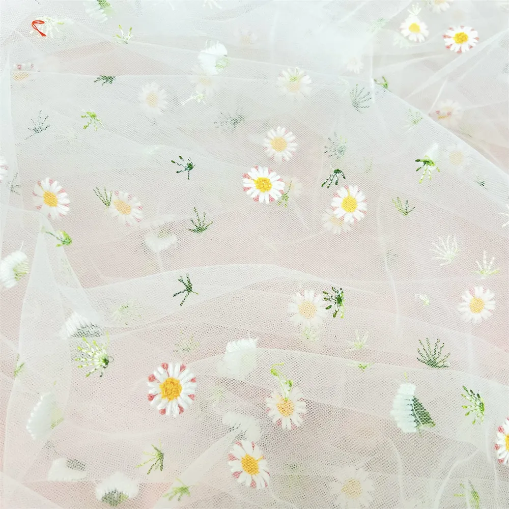 Dubai tessuto ricamo margherita bianca tulle floreale tessuto ricamato abito economico pizzo tessuto ricamato per borse
