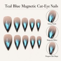 L11 Kaixin Faux ongles à presser personnalisés bleu sarcelle motif griffe de dragon, Fournitures pour ongles effet œil de chat magnétique bleu sarcelle