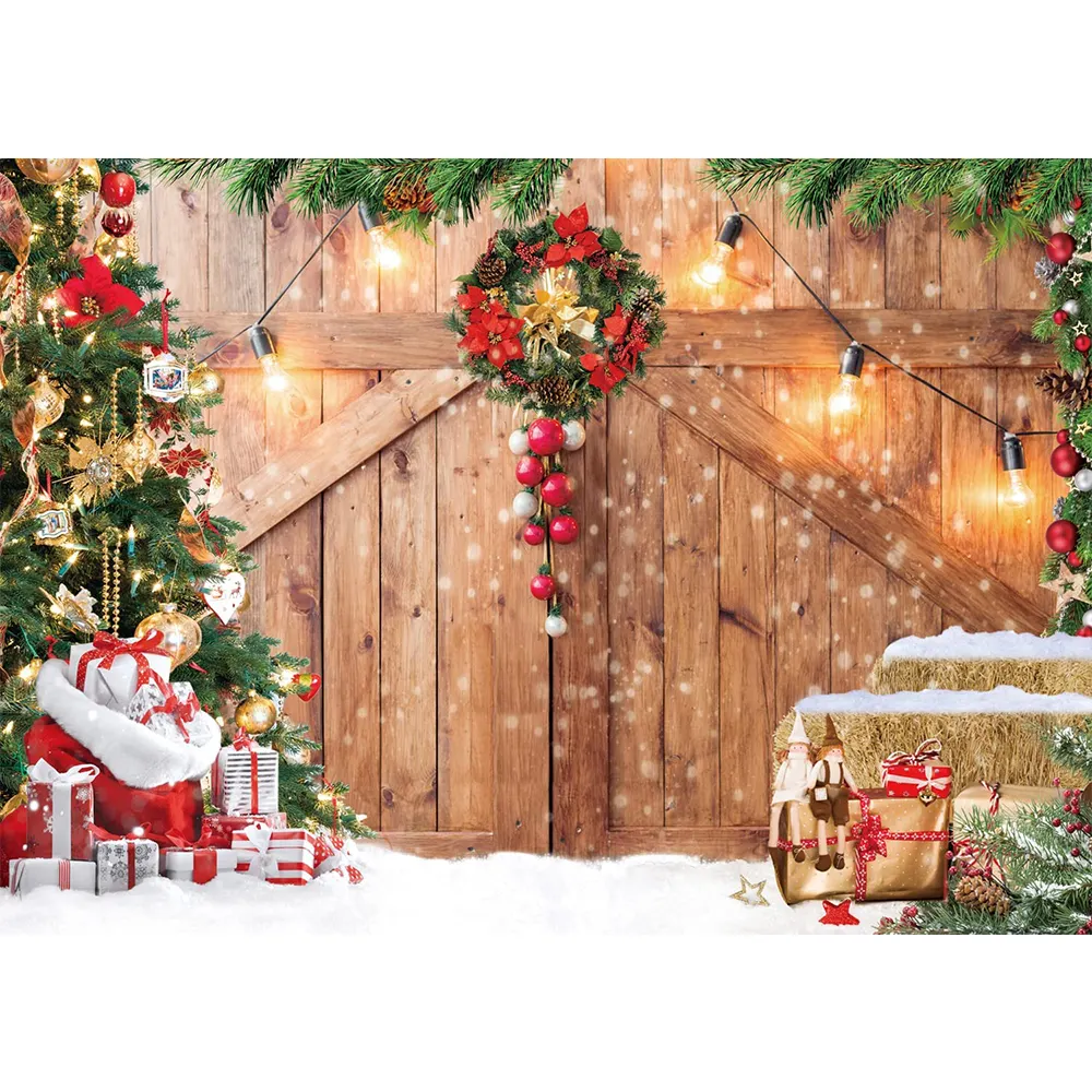 7x5ft Christmas Barn Door Decorations Backdrop Christmas Background for Photography Xmas Tree Snow Gift Wall Floor Party Photo