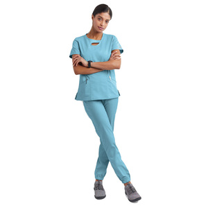 Women <b>Scrub</b> <b>Set</b> Solid Color V Neck Short Sleeve Pocket Stretch Uniform Hospital Workwear Split <b>Set</b> Moisture Wicking - Product Image 5