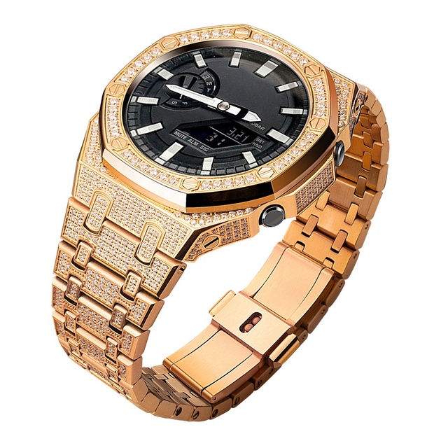 Full Zircon Diamond Stainless Steel Watch Case and Strap Band Replacement Mod Kit for GShock GA2100