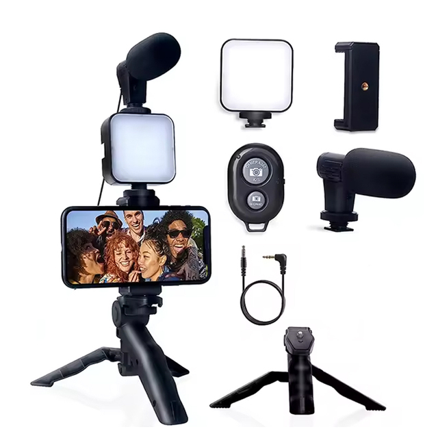 AY49 Mobile Phone Live Broadcast Kit Stand LED Fill Light Selfie Stick Tripod With Microphone Vlog Recording Photography Kit