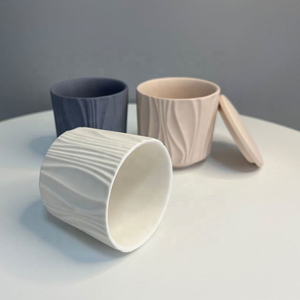 Porte-bougie en céramique cylindrique, surface texturée mate, blanc et gris, décoration d'intérieur, récipient vide - Product Image 4