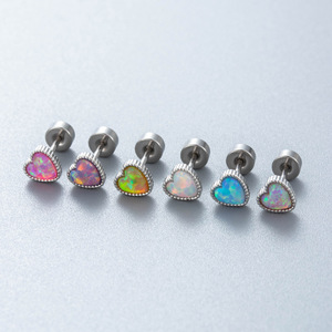 Copper Bezel Opal Star and Heart <b>Piercing</b> <b>Earrings</b> | Colorful Stone Stainless Steel Barbell Studs for Cartilage Helix Lobe - Product Image 2