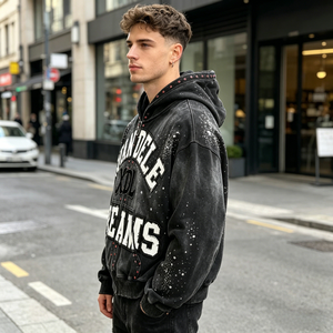 Sweat à capuche personnalisé avec fermeture éclair, imprimé brodé effet pierres précieuses et paillettes, délavé soleil, vintage, vieilli, délavé à l'acide, orné de strass en forme de diamant - Product Image 2