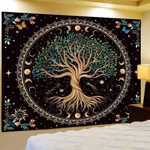 Décoration murale bohème en tissu 100% polyester avec motif <span class=keywords><strong>de</strong></span> lune, <span class=keywords><strong>arbre</strong></span> <span class=keywords><strong>de</strong></span> <span class=keywords><strong>vie</strong></span>, fleurs et plantes, mandala spirituel, impression personnalisée - Product Image 1