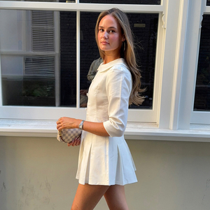 Early Fall New Preppy Peter Pan Collar Button Waist Defining Half Sleeve Pure Pleated Midi <b>Dress</b> for Women - Product Image 2