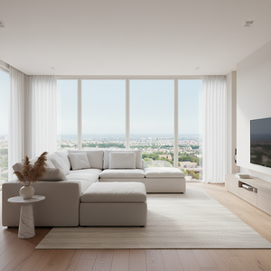 Ensemble modulaire de canapés Cloud en lin, personnalisable avec ottomanes pour salon - Product Image 1