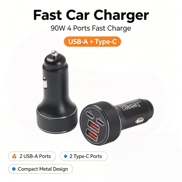 HNT Mini  Quick Car Charger 90W 4 Ports USB-A Type C PD & QC Fast Charging ODM Car Socket Adapter for Cell Phone samsung Android