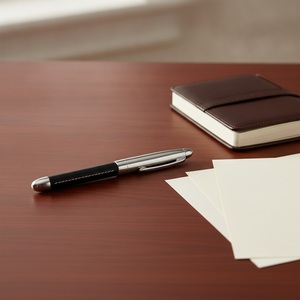 Premium Cylindrical Black Faux Leather Writing <b>Pen</b> with Distinctive <b>White</b> Stitched Grip & Polished Silver Trim for Custom Logo G - Product Image 4