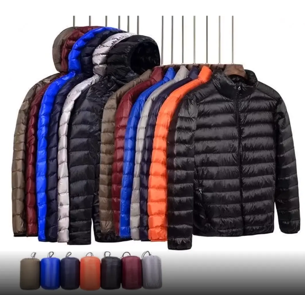 Özelleştirilmiş taşınabilir naylon siyah kapşonlu kışlık ceketler su geçirmez kabarcık puf dolu aşağı kirpi rüzgar geçirmez ceketler ceket erkekler için