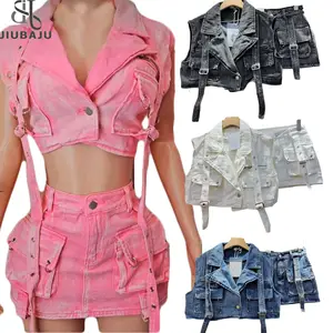 Hot Selling Pink Denim Sleeveless Tank Top Match Wrap Mini Skirt 2 Pcs Set Women Summer Cargo Pockets Outfits