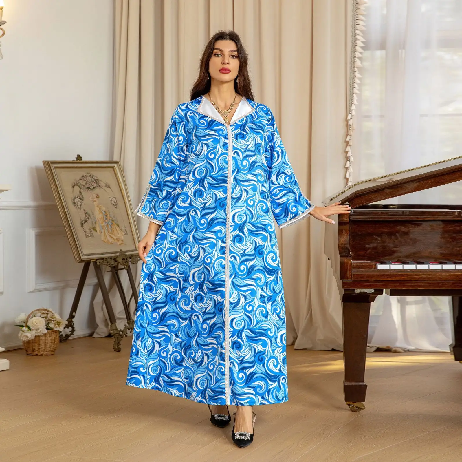 2023 New Arrival Ramadan Eid Jalabiya Fashion Muslim Dubai Arabic Abaya Dress Moroccan Kaftan Embroidery Jalabiat Women Robe