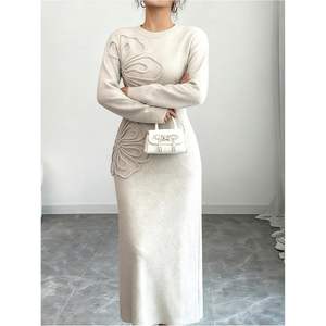 Vestido de Punto Floral 3D Personalizado para Mujer, Manga Larga, Cuello Redondo, Corte Ajustado, Vestido Largo para Otoño e Invierno, Cintura Natural - Product Image 5