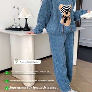 Pigiama da <span class=keywords><strong>Donna</strong></span> Invernale in Pile Coral con Orsetto Cartone Animato, Caldo Completo da Notte in Flanella con Maniche Lunghe e Morbido Peluche, Abbigliamento da Casa Due Pezzi - Product Image 2