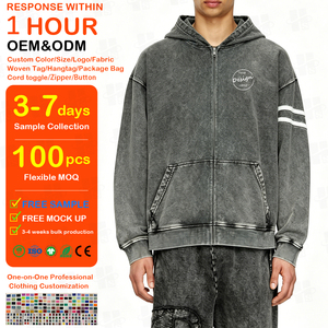 Nueva sudadera con capucha para hombre, elegante, de felpa gruesa, estilo francés, con efecto desgastado, bordado 3D personalizado, hombros caídos, lavado ácido, con cierre de cremallera. - Product Image 1