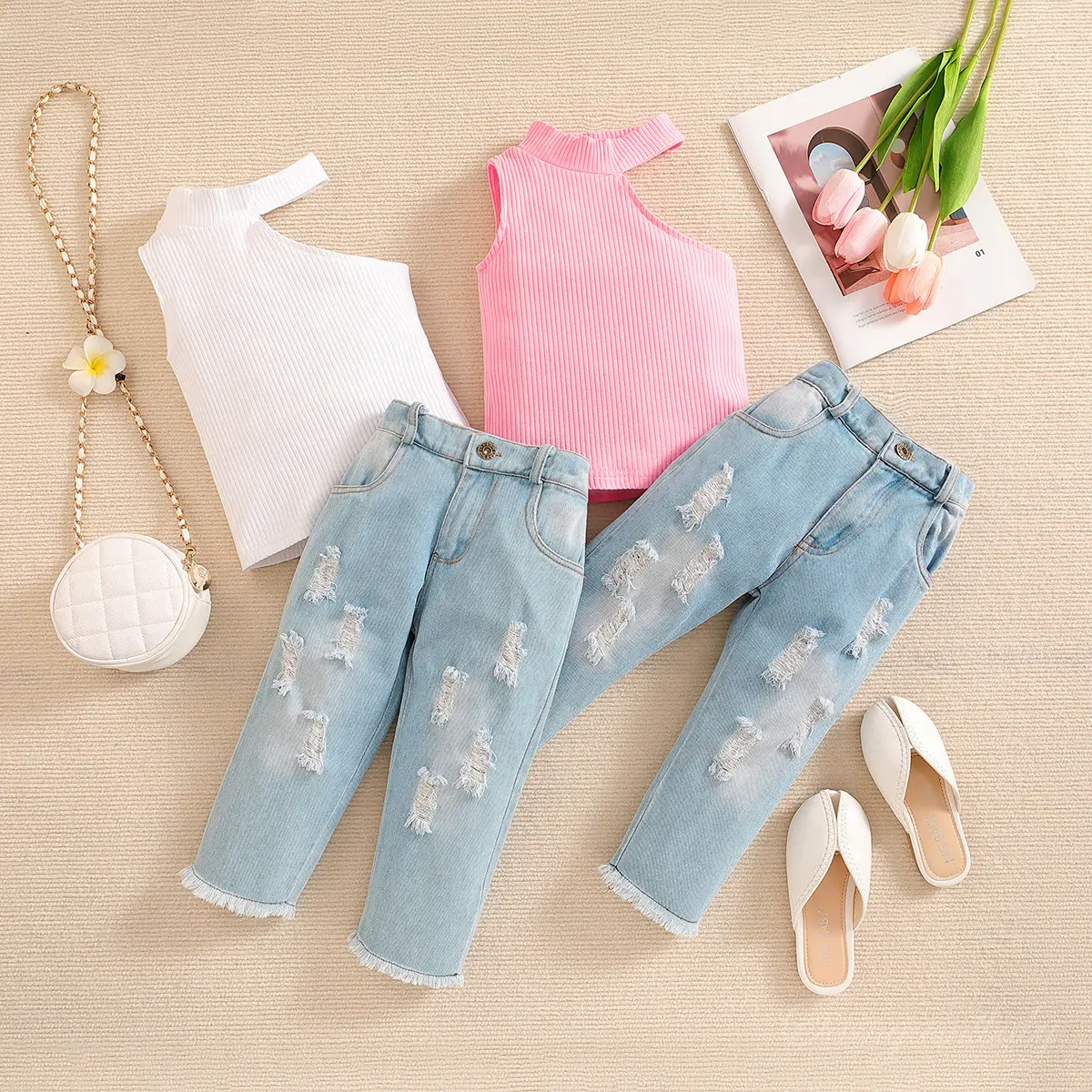 Cô Gái 'Mùa Hè Tây Âu Và Mỹ Cô Gái 'Off-Shoulder Top Ripped Jeans Quần Áo Trẻ Em 1-3 Năm Cô Gái