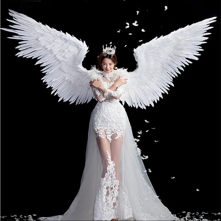 Boudoir تأثيري الدعائم زي الكبار كبير الأبيض أجنحة الملاك لعرض نموذج الزفاف صور اطلاق النار