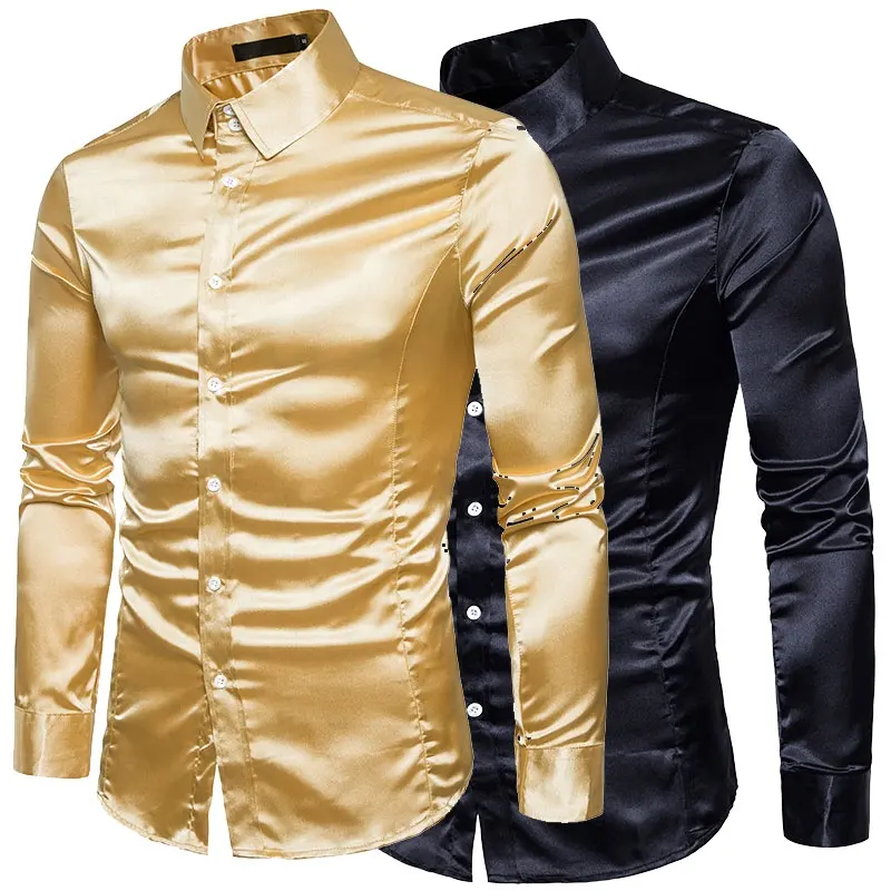 Mens Gold Shiny Silk Shirts Satin Blouse Slim Fit Africain Chemise Homme Business Attire Formal Tops Wedding Gown Tuxedo Shirt