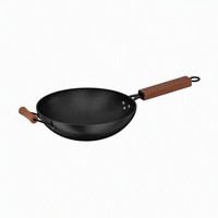 Wok en fer fin de style ancien, sans revêtement, avec poignée en bois et couvercle en verre, capacité 18L/20L, pour usage domestique, compatible gaz et induction