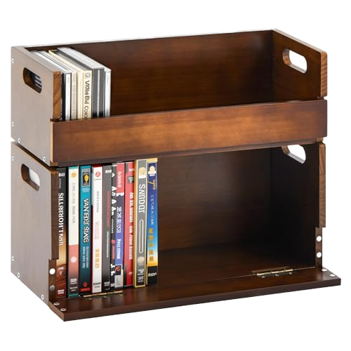Portable Double Wooden Media Storage Stand Box Brown CD DVD Organizer Rack Carrying Handle Desktop Movie Cassette Tape Display