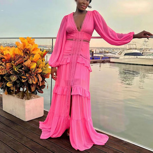 RNSHANGER Chic da donna Casual abito <span class=keywords><strong>Midi</strong></span> a manica lunga con volant Vintage abiti da festa di compleanno tinta unita da donna abito tinta unita - Product Image 5