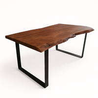 Table à manger en bois d'acacia naturel à bords bruts et courbes naturelles |   Meubles de maison en bois massif de style moderne avec pieds en métal noir pour appartement et villa
