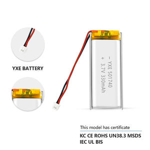 상업용 공급업체의 소형 파우치 충전식 <span class=keywords><strong>3.7V</strong></span>/330mah 리튬 이온 배터리 501740 모델, 우수한 작동 성능 - Product Image 3