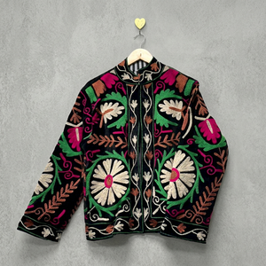 Handmade Black <b>Velvet</b> Suzani Embroidered <b>Jacket</b> with Floral Pattern Full Sleeve Stand Collar <b>Women's</b> Winter Outerwear - Product Image 1