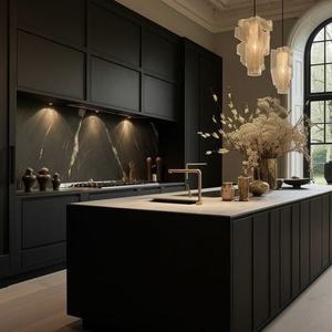 Italian Luxury Complete <b>Wood</b> Kitchen <b>Cupboard</b> Cabinets European White High Glossy Black Lacquer Plywood Mdf Includes Faucet - Product Image 1