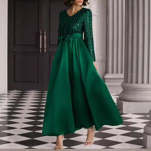 Vestido de noche largo verde con lentejuelas y cuello en V, con cinturón, de color sólido, para fiesta o banquete. - Product Image 5