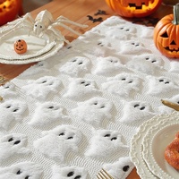 Drapeau de table rectangulaire Manju Halloween Petit Fantôme en fibre de polyester PV, broderie tridimensionnelle durable, décoration noir et blanc