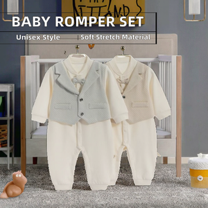 Conjunto de dos piezas falsas en stock para bebé unisex: pelele de manga larga de elastano/algodón para recién nacido con chaleco, ideal para otoño. - Product Image 2
