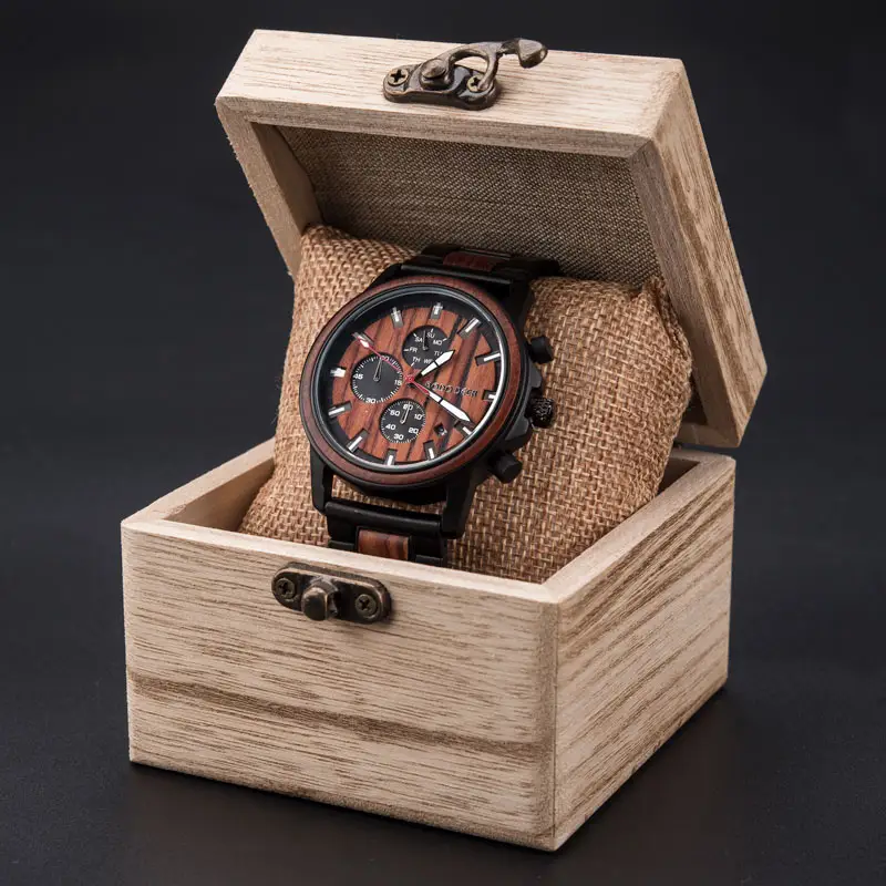 Fashion New Trend Custom Wood Watch Case Strap Multifunction Chronograph Men Wrist Wooden Quartz Watches