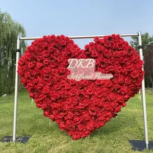 מכירה חמה לב קישוט חתונה פרח קיר אדום משי ורד אדום לב בצורת פרח רקע חתונה