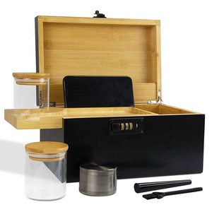 Extra Large Black Painted <strong>Wooden</strong> Bamboo <strong>Storage</strong> Stash <strong>Box</strong> Smell Proof Jar Bamboo Stash <strong>Box</strong> with Rolling Tray and Combo Lock - Product Image 1
