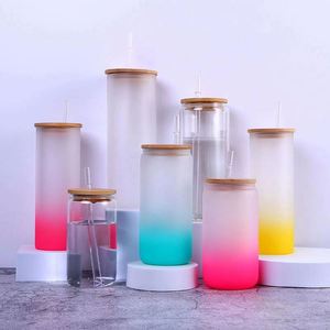 Vente en gros de verres à bière en verre transparent givré de 12 oz et 16 oz, verres à sublimation, avec couvercle en bambou et paille - Product Image 1